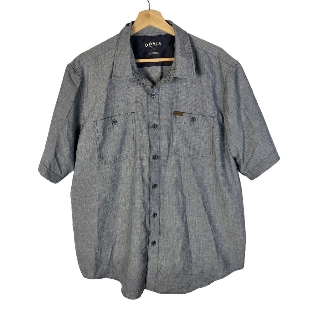 Orvis Chambray Light Blue Woven Tech Short Sleeve Button Down XL